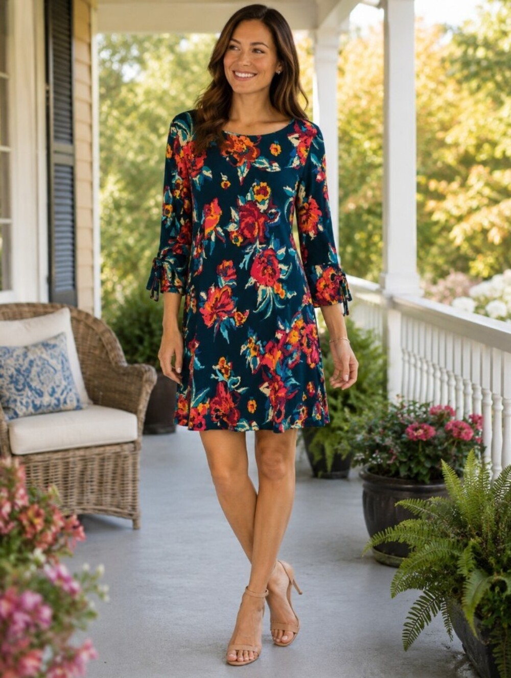 MSK Women's M Shift Dress A Line Floral 3/4 Sleeves Stretch Dark Teal/Red